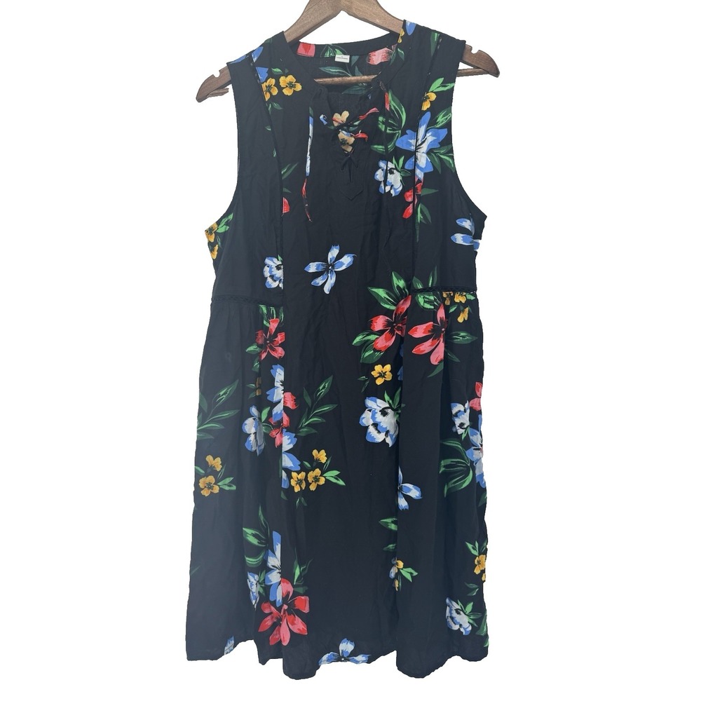 Old Navy Black Tropical Floral Lace Up Dress Beachy resort vacation cover up L